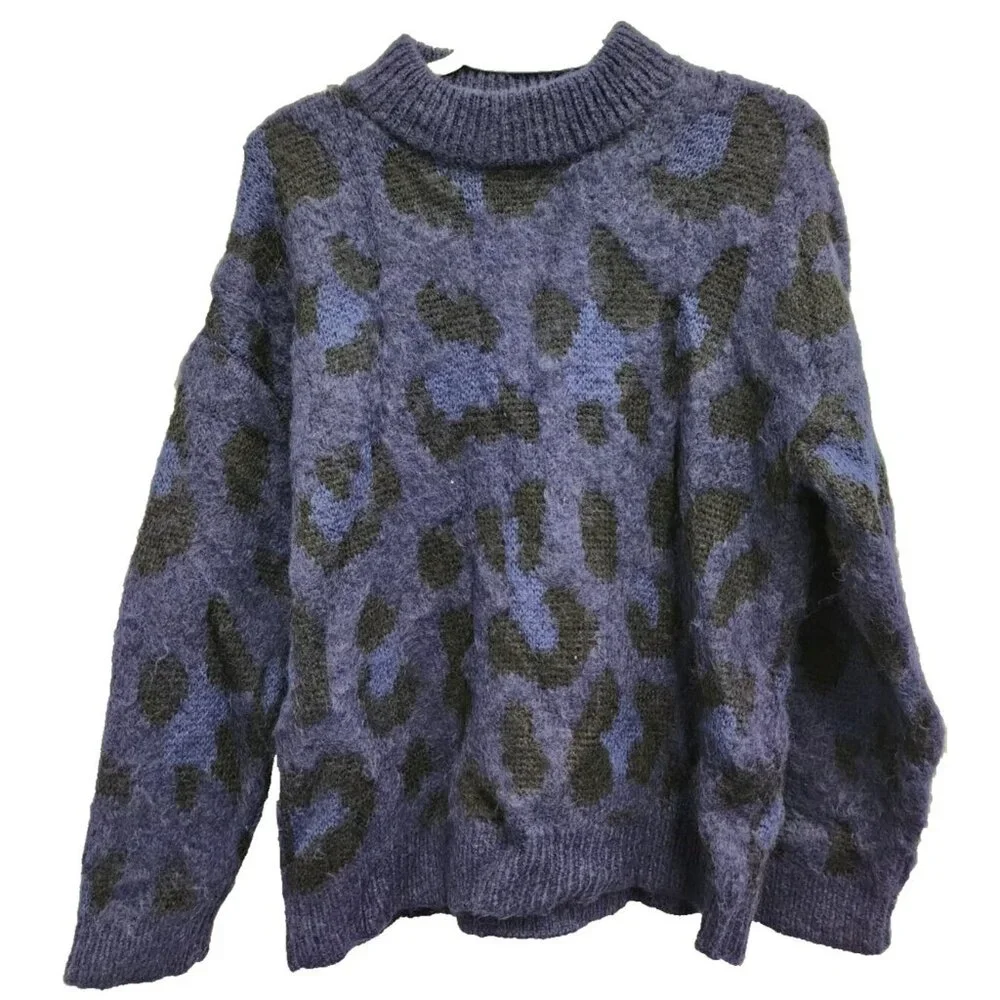Kate Spade Womens‎ Sweater Medium Blue Black Leopard Alpaca Wool Thick Pullover